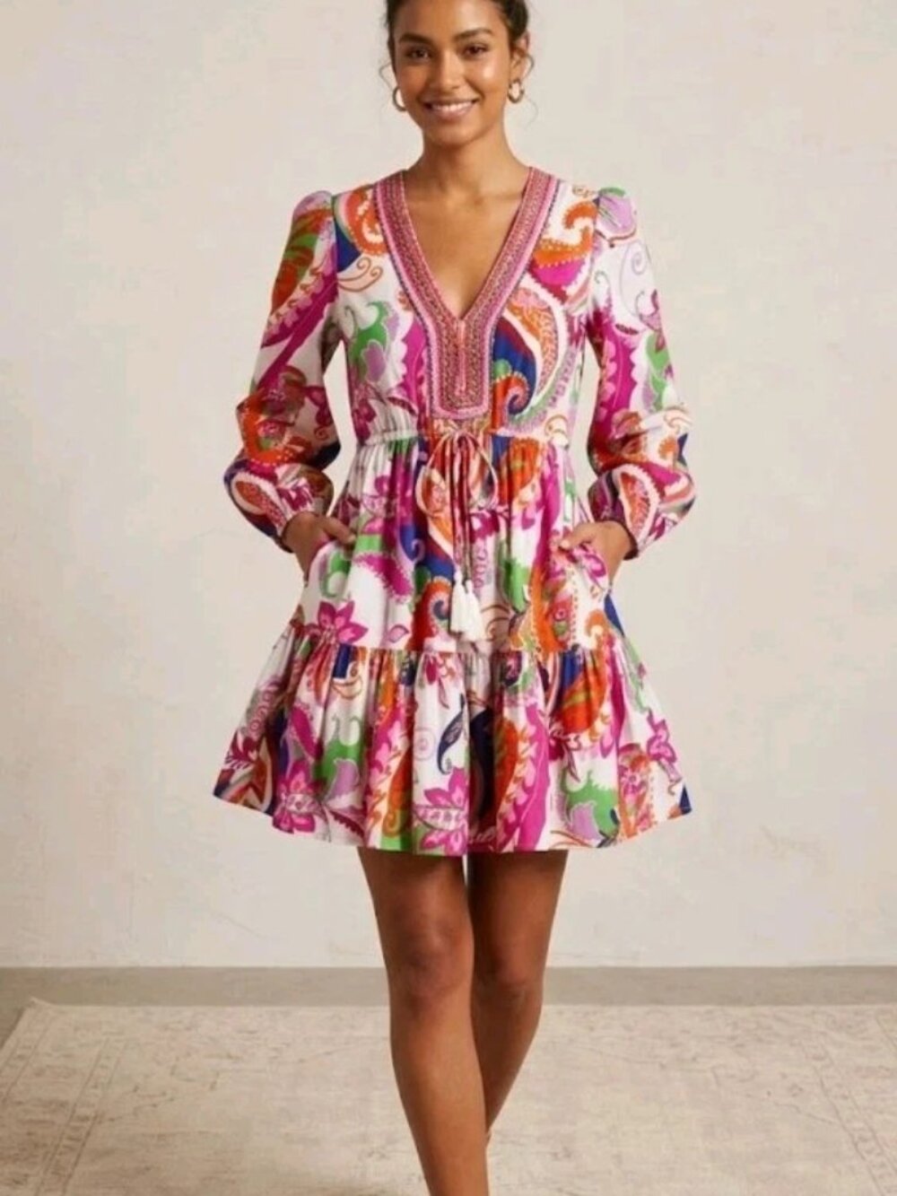 NEW Kaktus Beaded Floral Bohemain Tassel Tiered Mini Dress Long Puff Sleeve